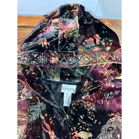 Chicos Women's Velvet Floral Print Embroidered Hooded Velour Track Jacket Sz 2/L - Picture 9 of 10